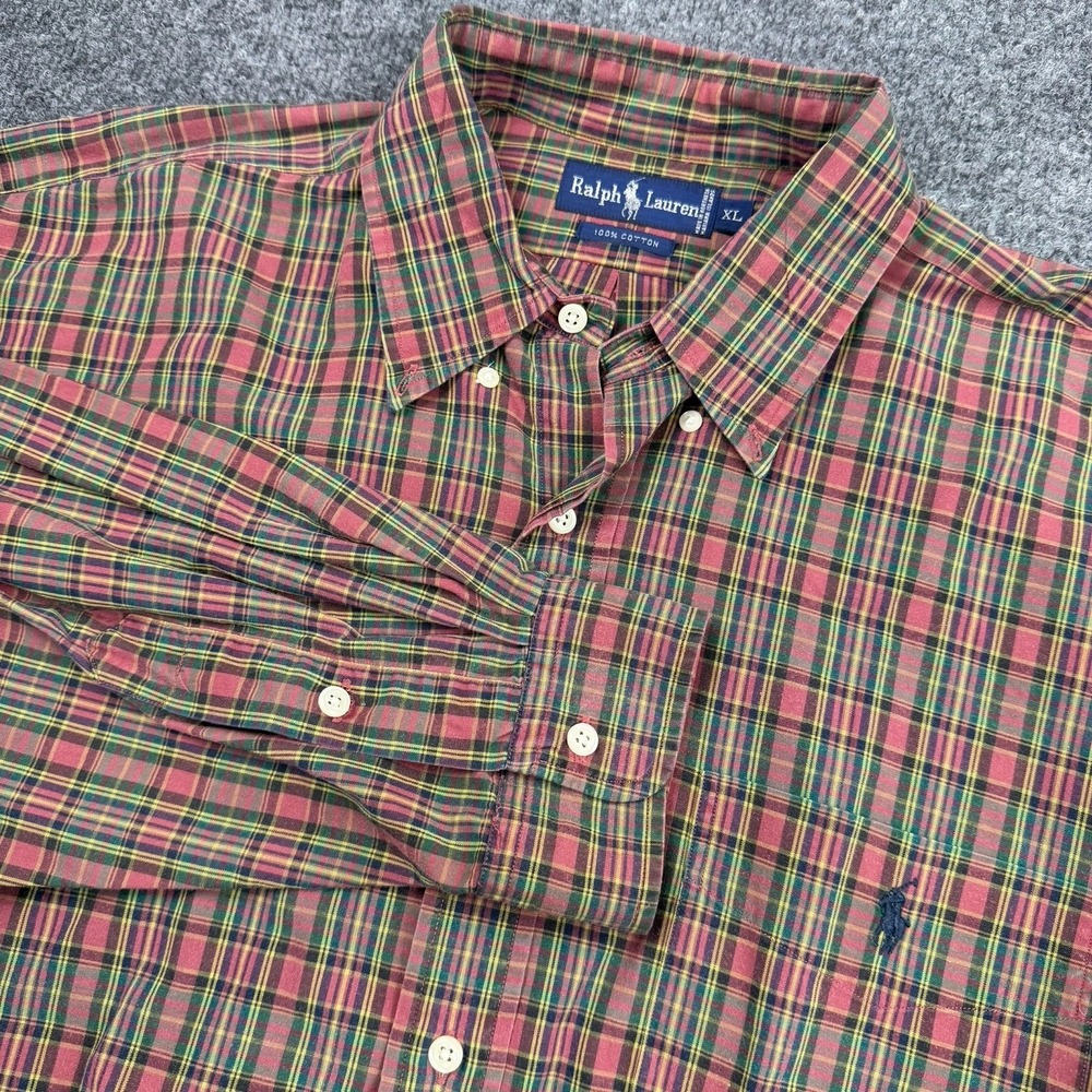 Polo Ralph Lauren XL Red Green Tartan Plaid Button Down Shirt Pony Logo Cotton